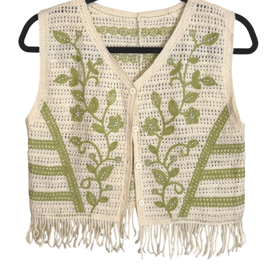 Vintage Boho Crochet Fringe Beaded Vest Granny Chic Layers M Hippie Cottagecore